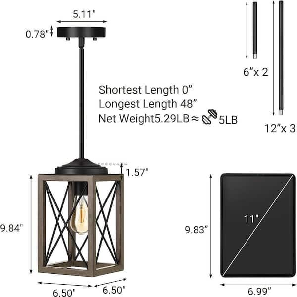 60-Watt 1-Light Farmhouse Pendant Light with Gray Wooden Grain Finish Shade, No Bulbs Included