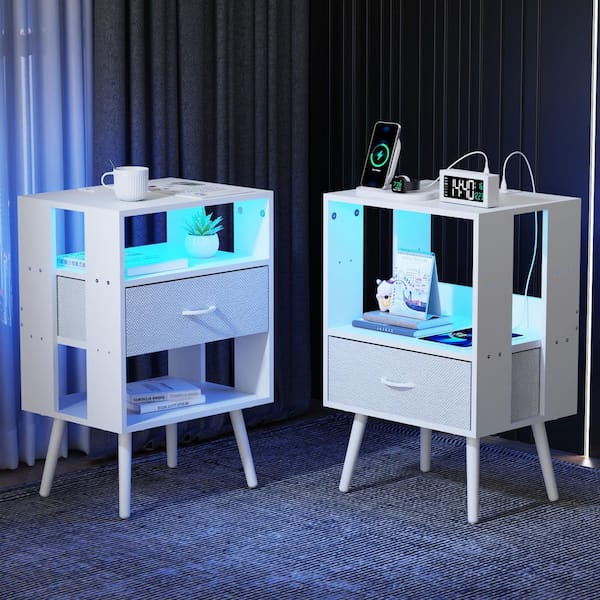White 2-Piece Modern Nightstand with Charging Station and LED Light,1 Fabric Drawer per Nightstand End Table for Bedroom