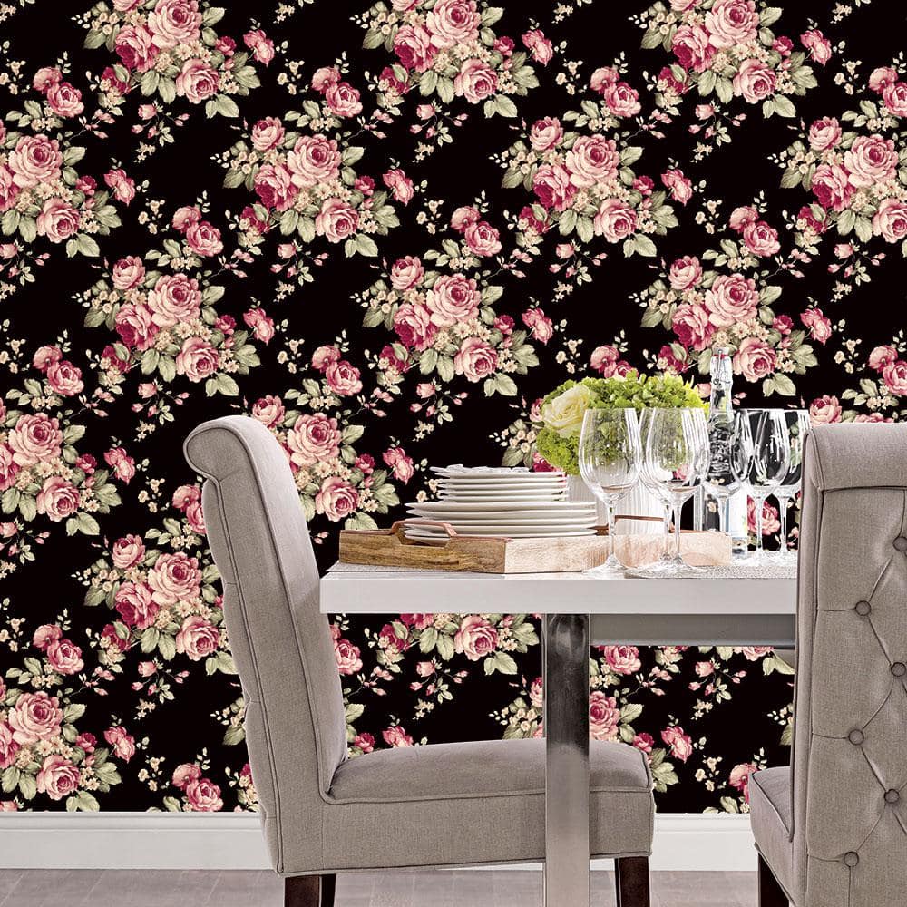 Grand Floral Black and Pink Vinyl Pre-Pasted Wallpaper