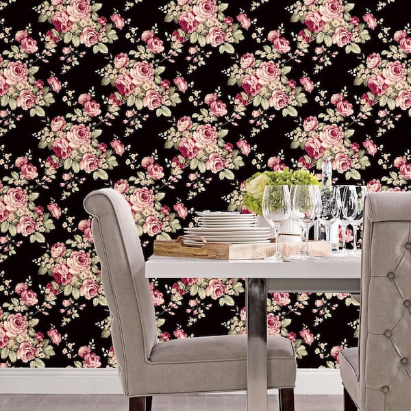 Grand Floral Black, Ebony, Plum & Pinks Vinyl Roll Wallpaper (Covers 55 sq. ft.)