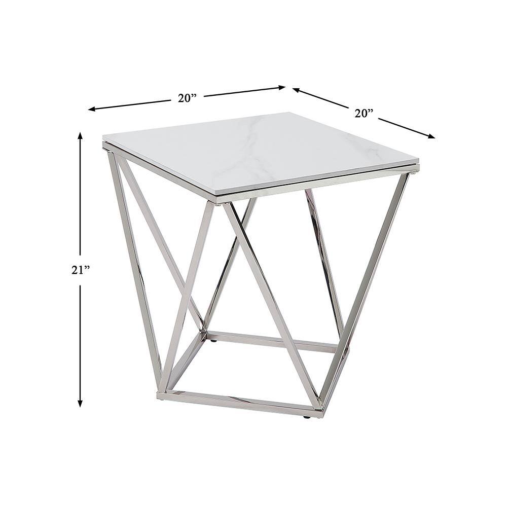 Alfeo White Stone and Silver Steel Square End Table
