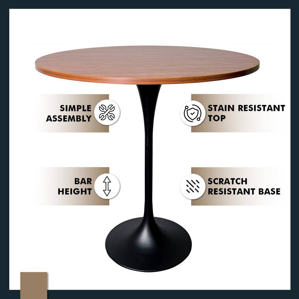 Cognac Brown Round MDF Bar Height Dining Table with Black Pedestal Base