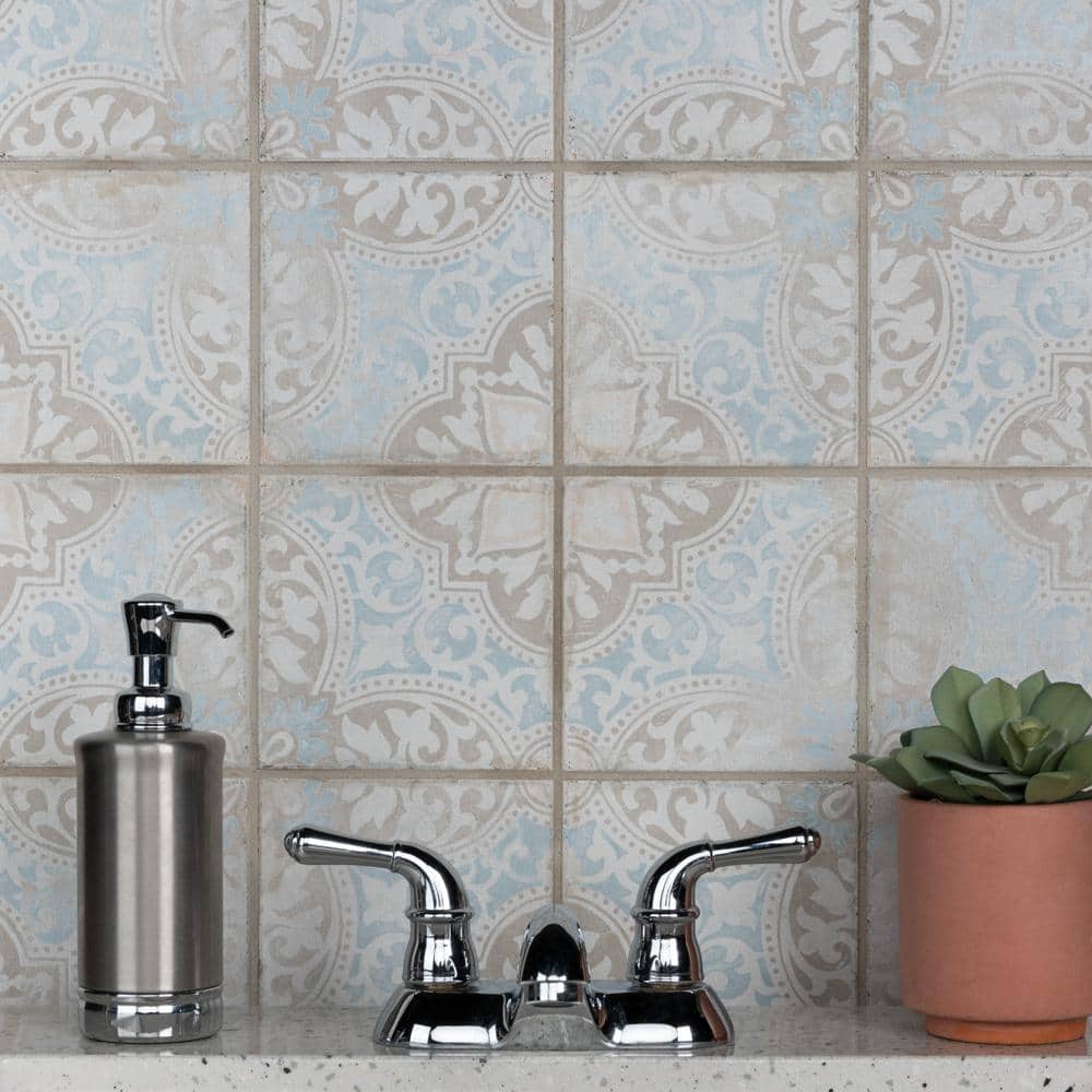 Barcelona 6" x 6" Beige and Blue Porcelain Patterned Tile