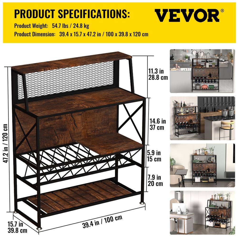 Rustic Brown Industrial Wine Rack Bar Table with Glass Holder