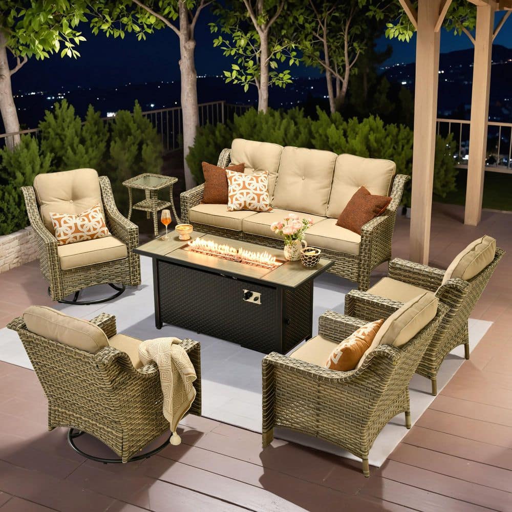 "Tulip R 7-Piece Wicker Patio 54"" Fire Pit Conversation Set with Swivel Rocking Chairs and Beige Cushions" price history on PriceWatchPro