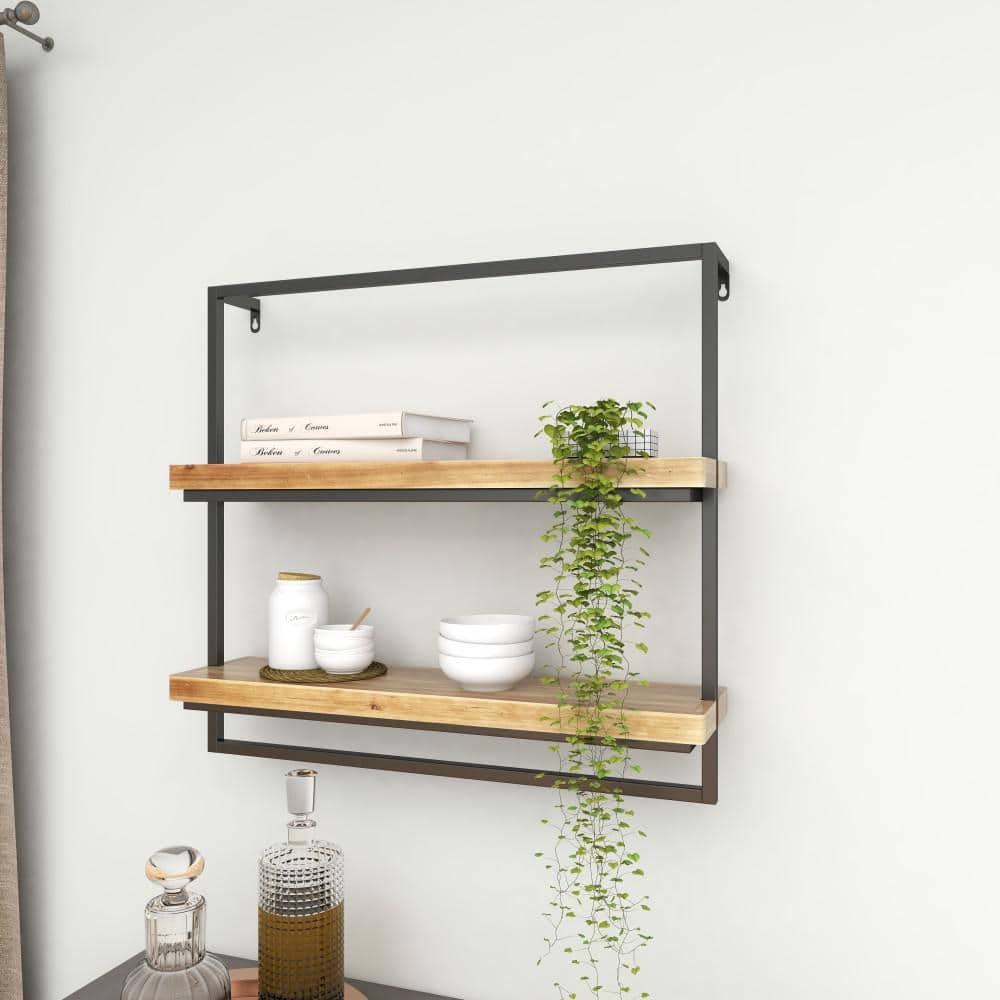 Brown 26" Floating Wood and Metal Wall Shelf