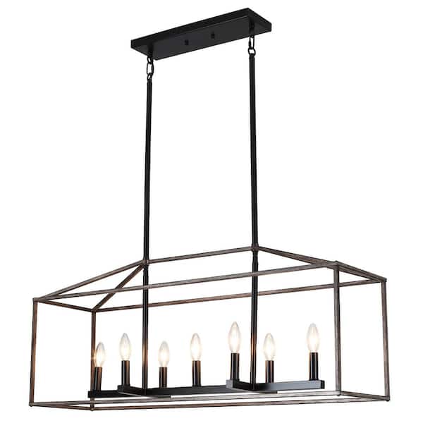 LWYTJO Entrekin 37 in. 7-Light Black/Wood Modern Linear Kitchen Island Square/Rectangle Chandelier with Caged Metal Shade