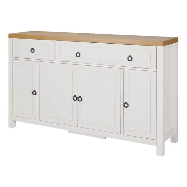 59.1 in. W x 15.7 in. D x 35.4 in. H Antique White Linen Cabinet with Brown Wood Top, Flip Door and Drawer