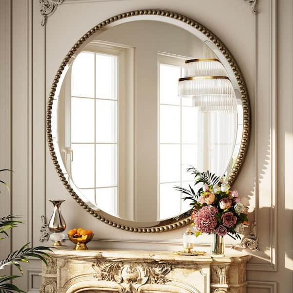 XRAMFY Antique Bronze 24 in. W x 24 in. H Round With Decoration Vanity Wall Mirror Polyurethane Framed Mirror