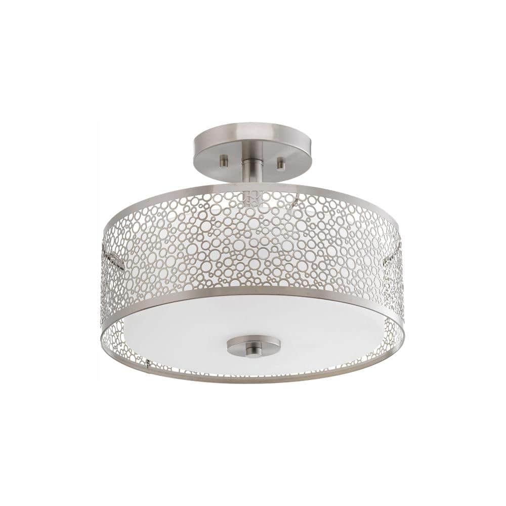 Brushed Nickel LED Semi-Flush Drum Light with Etched Glass