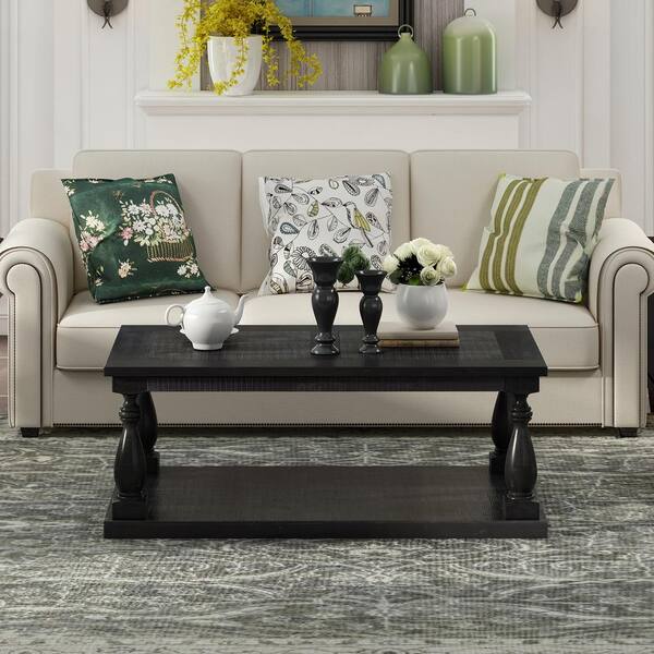 45 2 In Black Rectangle Solid Pine Wood Rustic Floor Shelf Coffee Table With Storage Gz Wf287269aab 45 2 In Black Rectangle Solid Pine, Floor Shelf Coffee Table