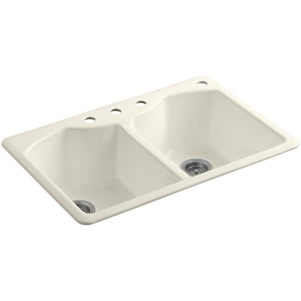 KOHLER Bellegrove Drop-In Cast-Iron 33 in. 4-Hole Double Bowl Kitchen Sink with Accessories in Biscuit