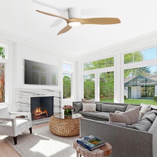 52 in. Indoor/Outdoor Flush Mount Dimmable LED White Standard Ceiling Fan with Light and Remote for Bedroom/Living Room