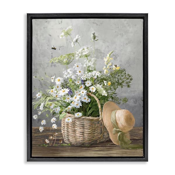 Country Daisy Basket by Danhui Nai Black Floater Frame Graphic Art Print Nature 21 in. x 17 in.