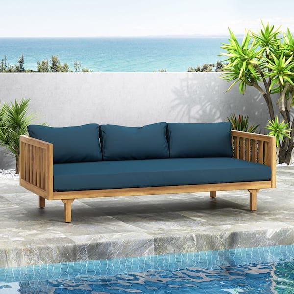 Outdoor Chaise Lounge 3 Seater Teak Wood Outdoor Day Bed with Dark Blue Cushion