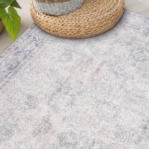 Transitional Distressed Vintage Machine Washable Blue 2 ft. 6 in. x 10 ft. Runner Rug