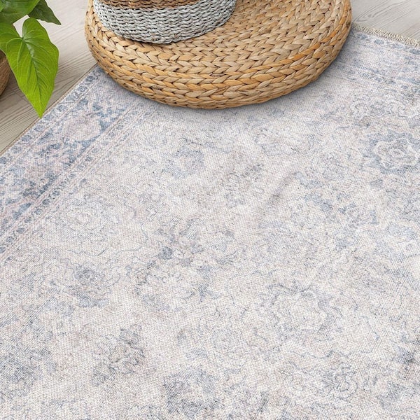 Transitional Distressed Vintage Machine Washable Blue 2 ft. 6 in. x 10 ft. Runner Rug