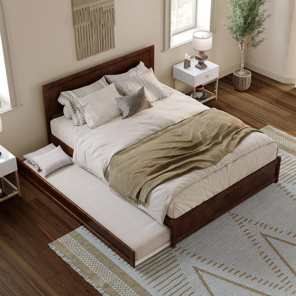 Lylah Queen Walnut Wood Platform Bed with Trundle