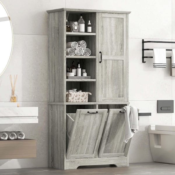 31 in. W x 14 in. D x 68 in. H Gray Oak MDF Freestanding Linen Cabinet with Tilt-Out Laundry Hamper and Open Shelves