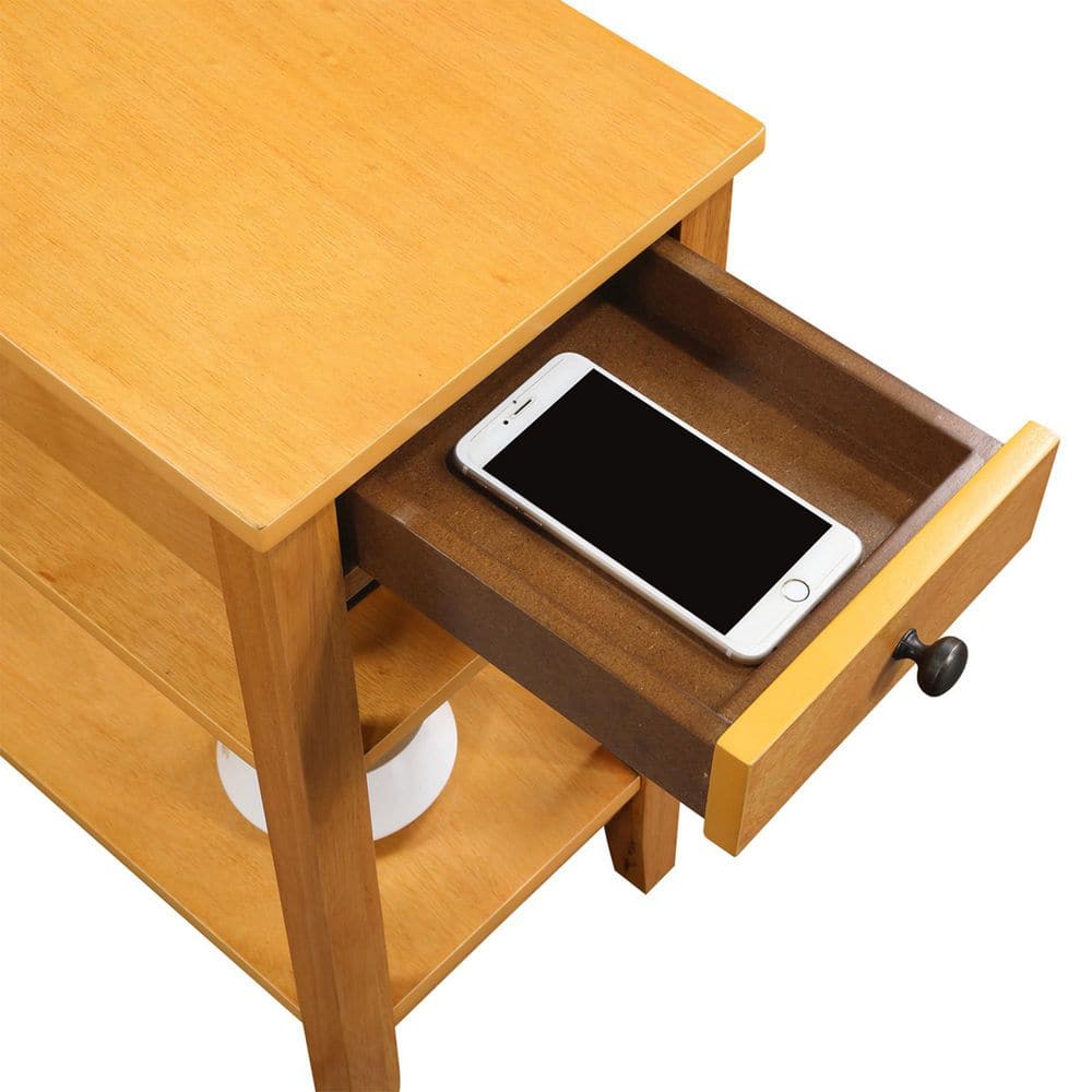 Natural Rubberwood End Table with Charging Station and Shelves