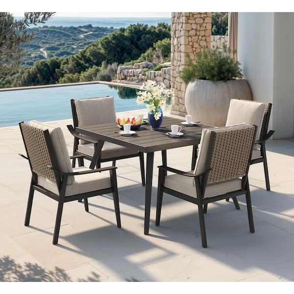 5 Piece Wicker Outdoor Dining Set with 1.57 in. Umbrella Hole and Metal with Square Table and 4 Chairs w/ Cushion, Khaki