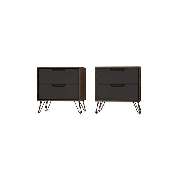 Manhattan Comfort Rockefeller 2-Drawer Nature and Textured Grey Nightstand (Set of 2)