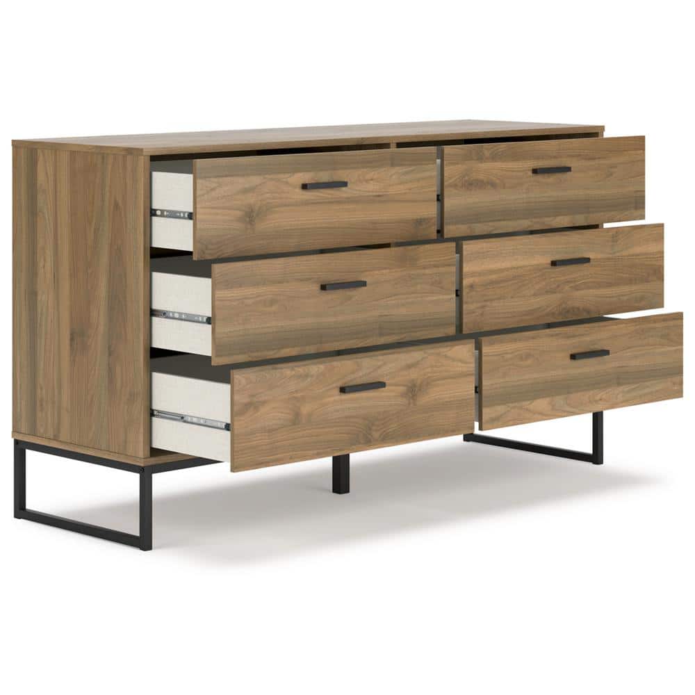 Honey Brown Mid-Century Modern 6-Drawer Dresser with Metal Legs