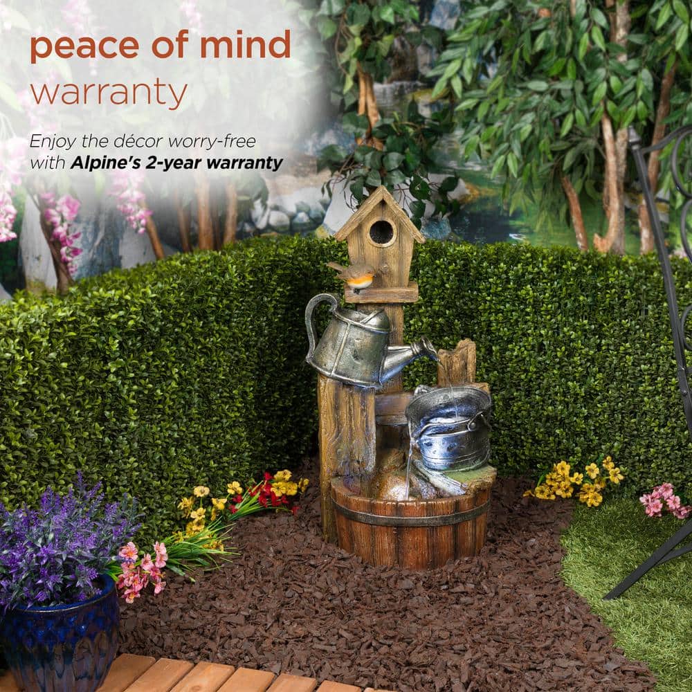 Rustic Polystone Watering Can Birdhouse Fountain with LED Lights