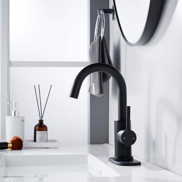 Single Handle Single Hole Vessel Sink Faucet Deck Mount Bathroom Lavatory With Pop Up Drain Supply Hose in Matte Black