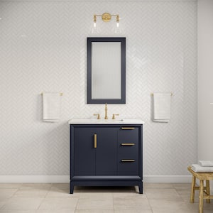 Elizabeth 36 in. Bath Vanity in Monarch Blue with Carrara White Marble Vanity Top with Ceramics White Basins and Mirror