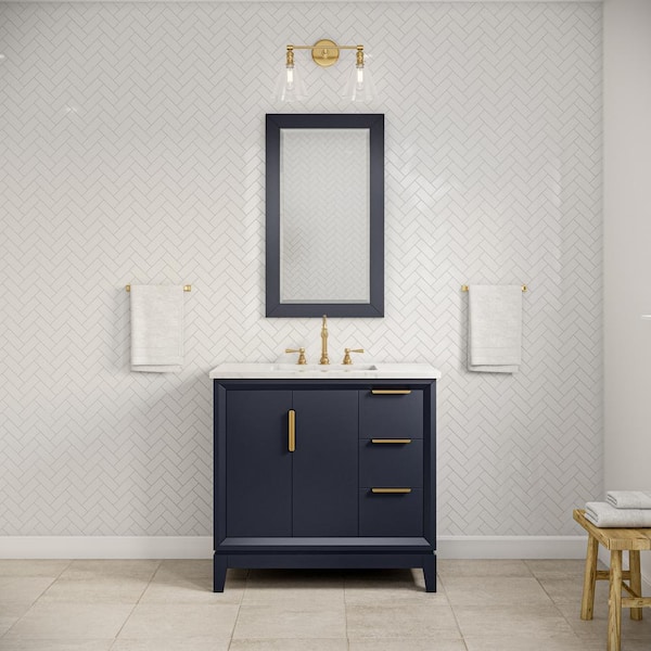 Water Creation Elizabeth 36 in. Bath Vanity in Monarch Blue with Carrara White Marble Vanity Top with Ceramics White Basins and Mirror