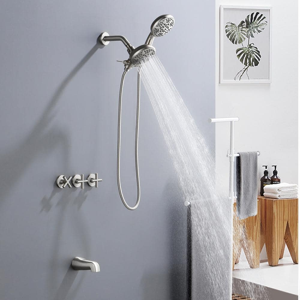 Brushed Nickel Triple Handle Rain Shower Faucet Set with Handheld