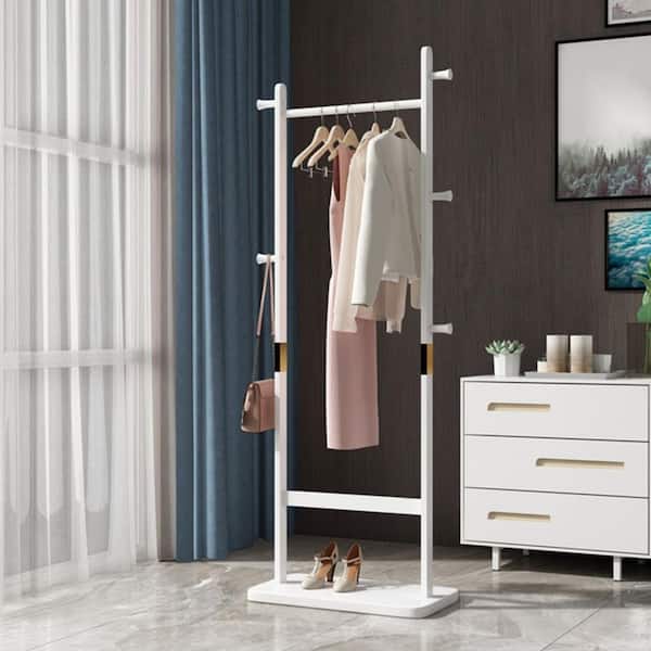 Hugo Modern White Solid Wood Freestanding Coat Rack with 5 Hooks