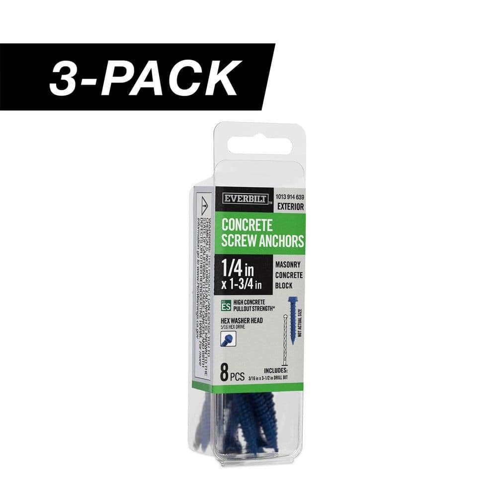 3-Pack 1/4 in. x 1-3/4 in. Hex-Head Concrete Screw Anchors Blue (24-Pieces) price history on PriceWatchPro