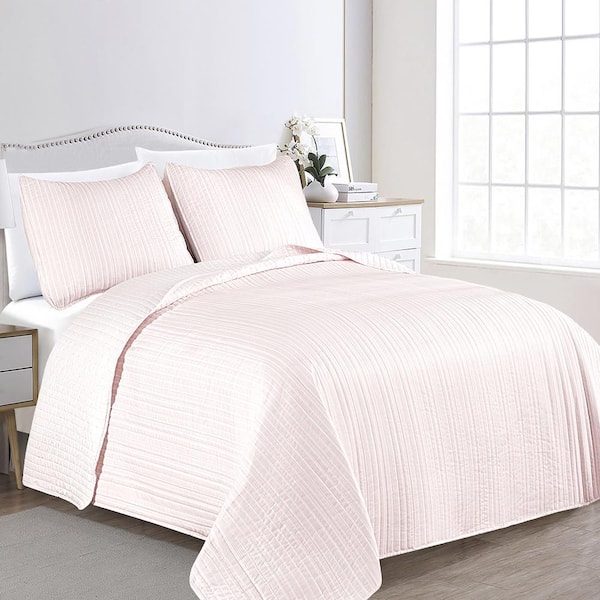 FRESHFOLDS Pink Premium Reversible Stripe Twin Microfiber 2-Piece Quilt Set Bedspread