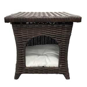 Brown Wicker Outdoor End Table Pet Side Table with Storage