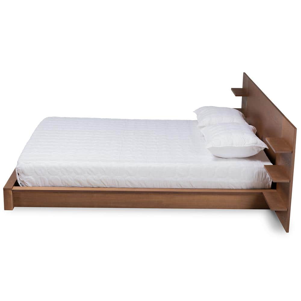 Walnut Brown Wood Queen Platform Storage Bed with Shelves