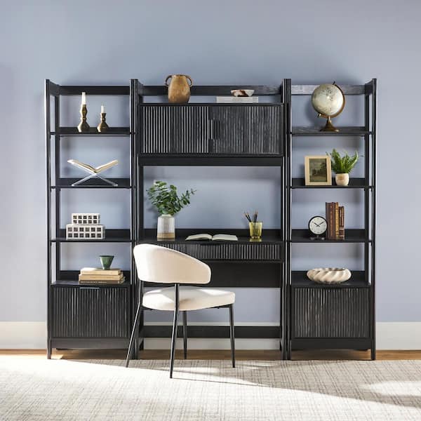 Walker Edison Furniture Company 3-Piece Transitional Black Reeded 38 in. Hutch Desk with 2 Narrow Modern Bookcases