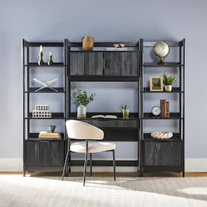 3-Piece Transitional Black Reeded 38 in. Hutch Desk with 2 Narrow Modern Bookcases