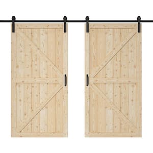 84 in. x 84 in. 2-Panel Pine Solid Wood Unfinished Double Sliding Barn Door Slab with Hardware Kit