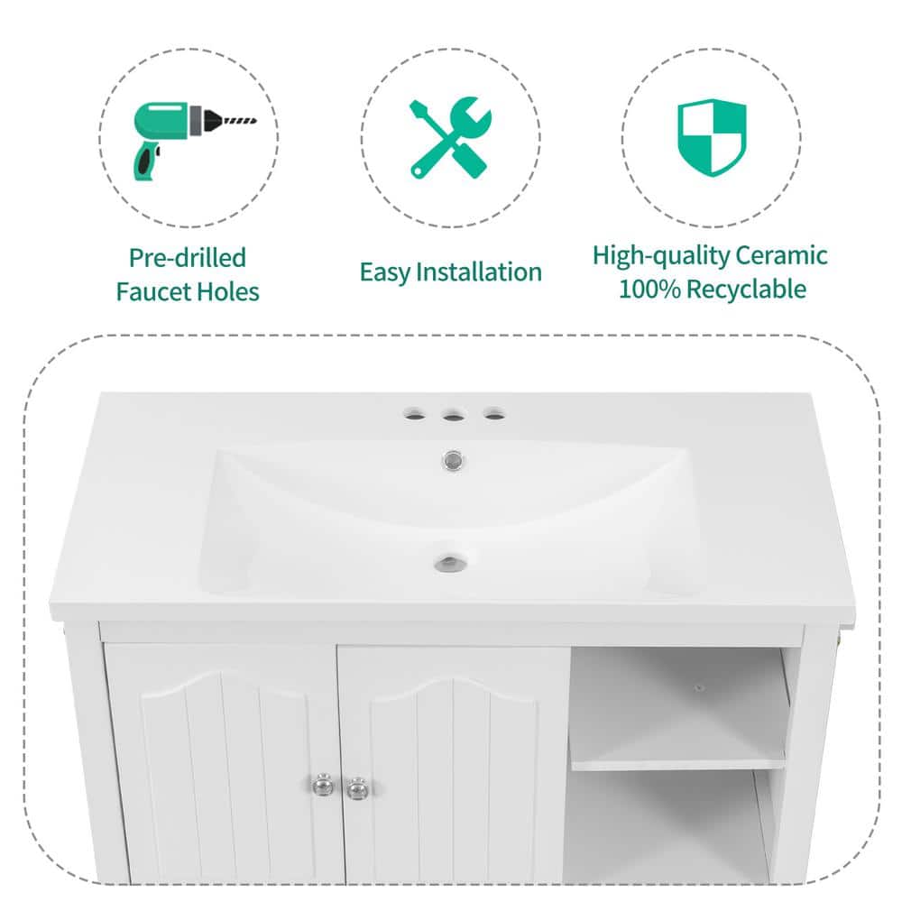 36" White Ceramic Rectangular Undermount Vanity Sink Top