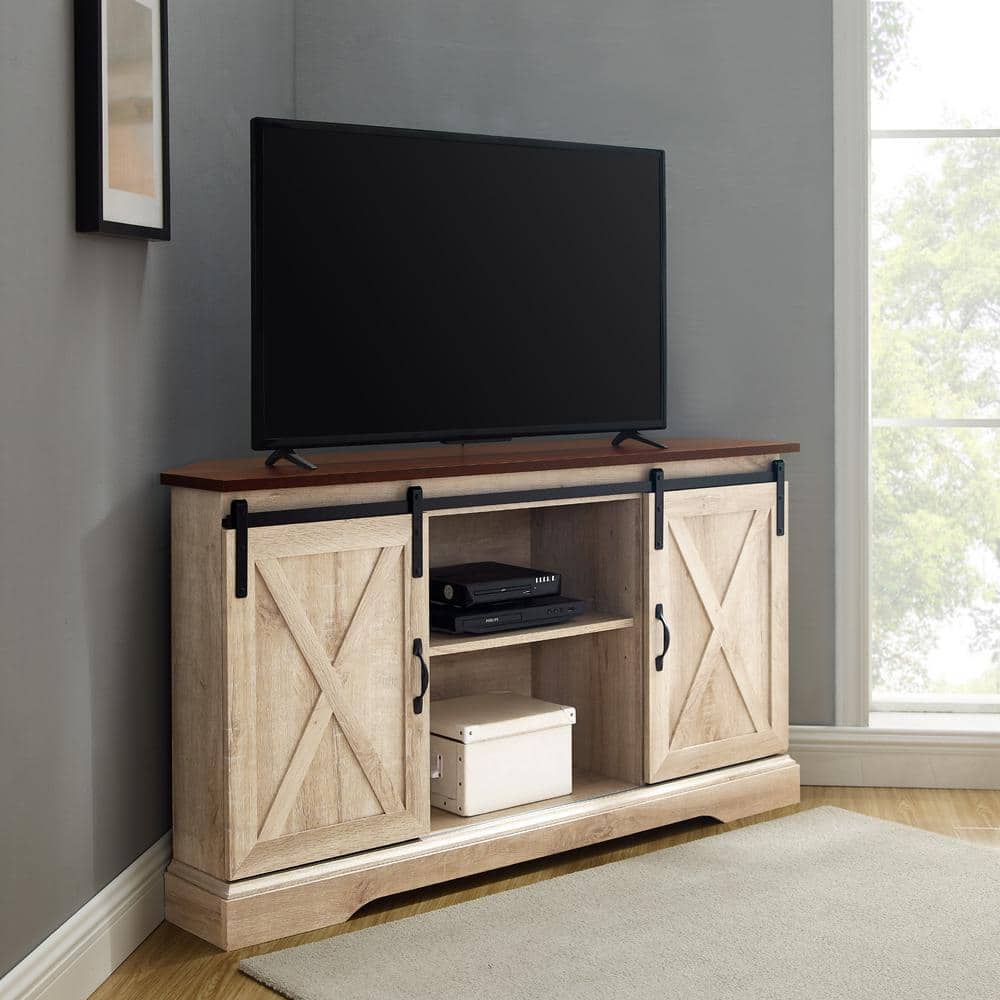 Traditional Brown and White Oak Corner TV Stand with Sliding Barn Doors