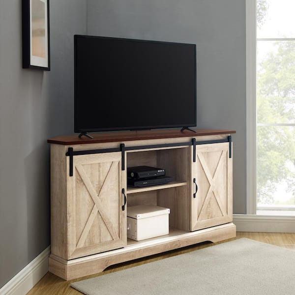 Walker Edison Furniture Company 52 in. Farmhouse Traditional Brown and White Oak Wood Corner TV Stand with 2 Sliding Barn Doors (Max TV Size 60 in.)