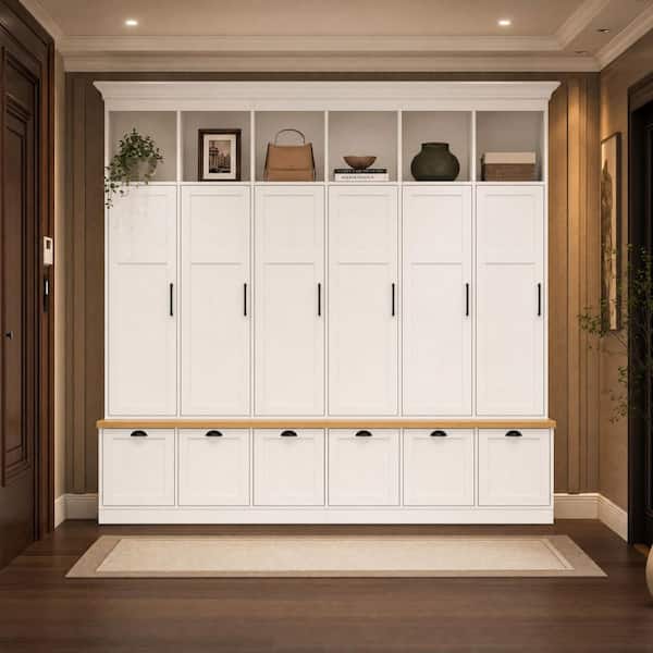 FUFU&GAGA White Wood Hall Tree with 6 Storage Lockers, 6-Drawers