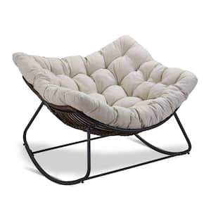 Rattan Rope Dark Gray Frame 42 in. W Metal Outdoor Rocking Chair with Beige Olefin Cushion