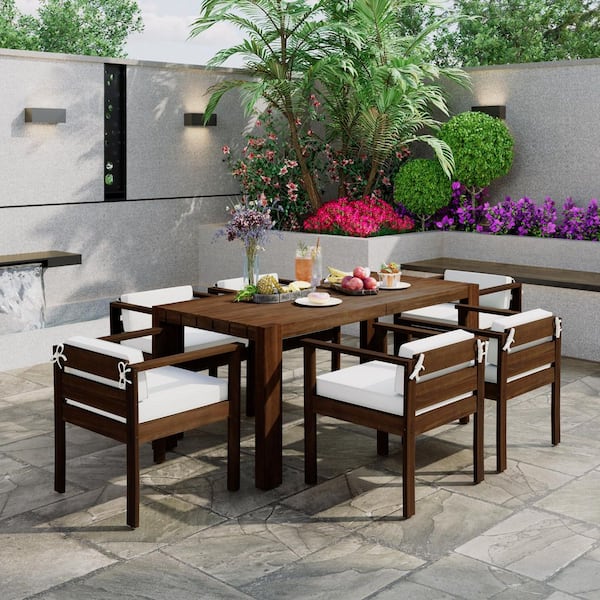 7-Piece Mocha Acacia Wood Patio Outdoor Dining Table Set with Beige Cushions and 6-Dining Chairs