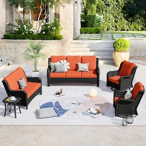 Mercury Brown 5-Piece Wicker Patio Conversation Seating Set with Orange Red Cushions