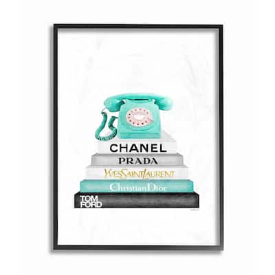 16 in. x 20 in. "Grey Teal and Black Fashion Bookstack with Teal Phone" by Amanda Greenwood Framed Wall Art