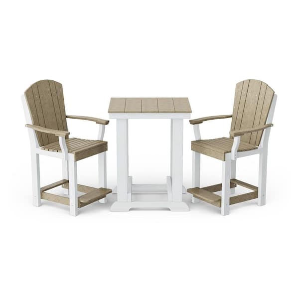 Heritage 3-Piece Weathered Wood and White HDPE Plastic Outdoor Patio Counter Set