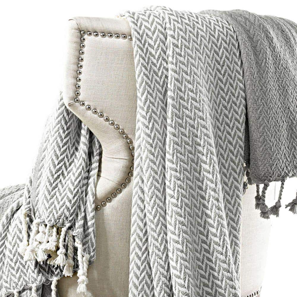 Gray and White Herringbone Cotton Throw Blanket Set